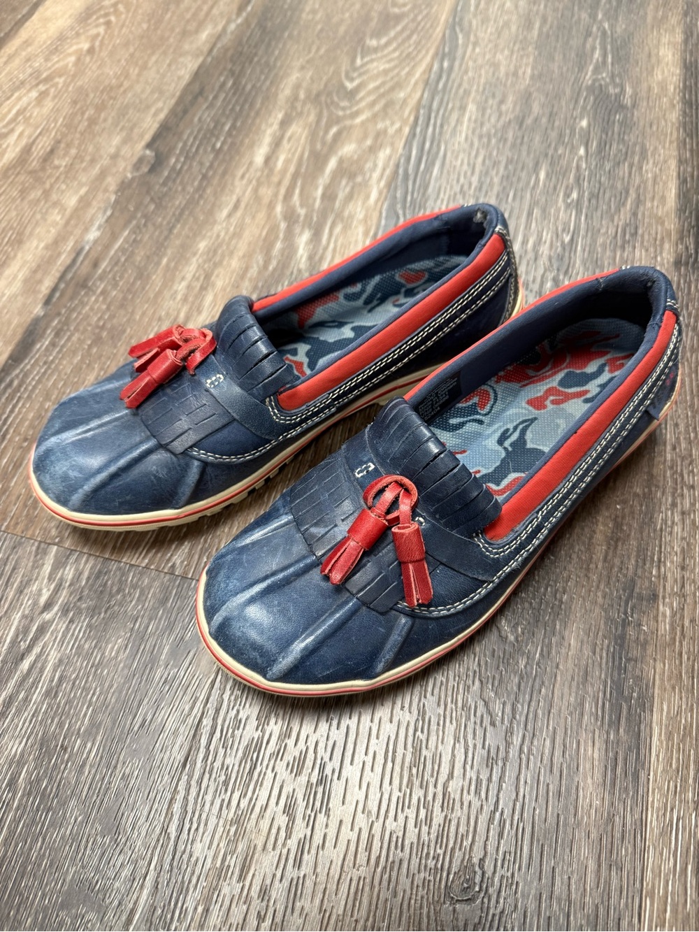 L.L. Bean Navy Blue Loafers with Red Tassel Trim